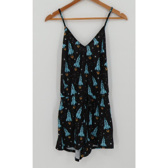 NWT ModCloth Romper Space Rocket Lounge Drawstring Waist Sleepwear Nerdy Size M - Picture 1 of 10